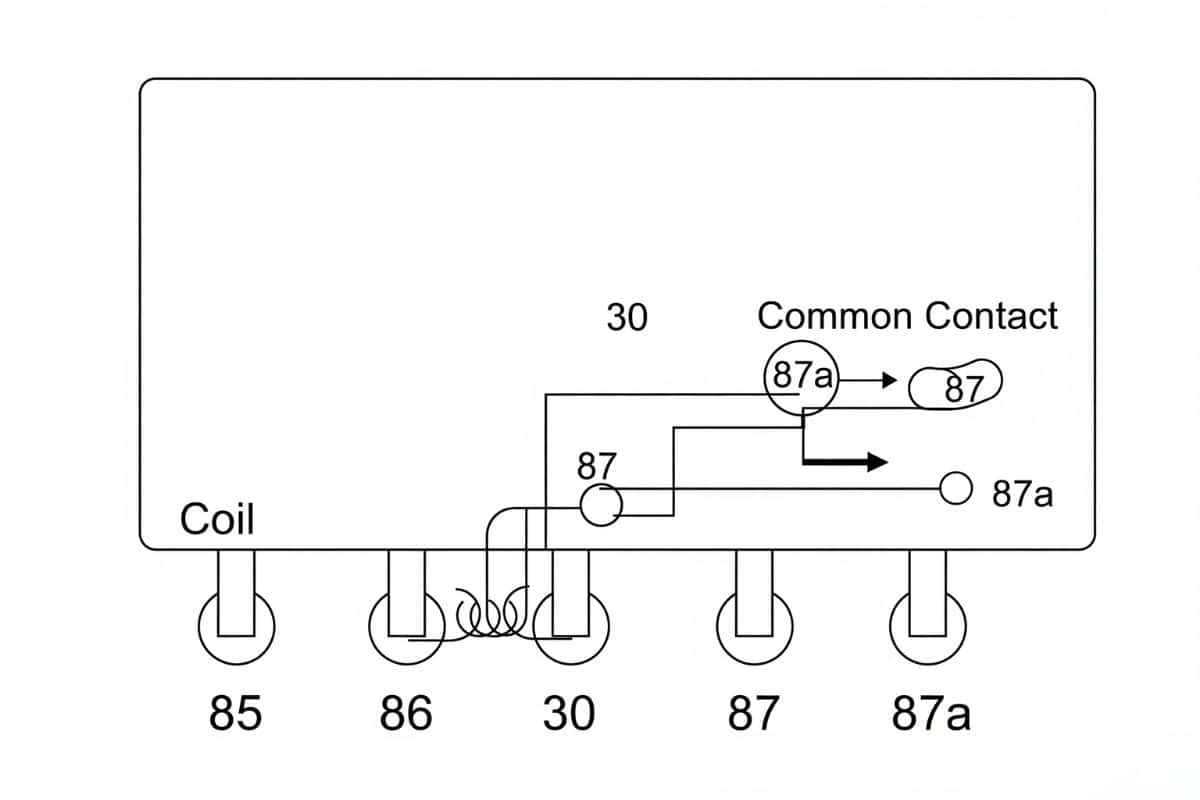 Sơ đồ chân rơ le trung gian 5 chân tiêu chuẩn với 2 chân cuộn hút và 1 cặp tiếp điểm COM, NO, NC.