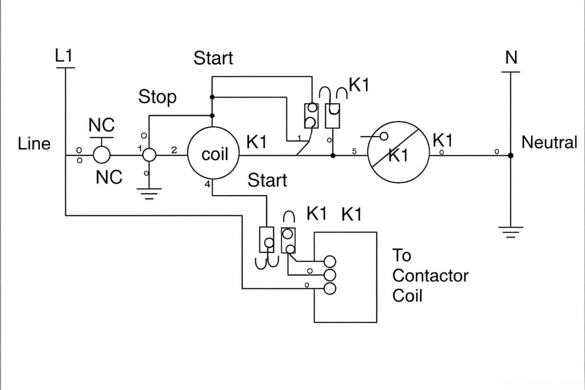 Sơ đồ mạch tự giữ sử dụng rơ le trung gian và nút nhấn Start-Stop để điều khiển contactor.